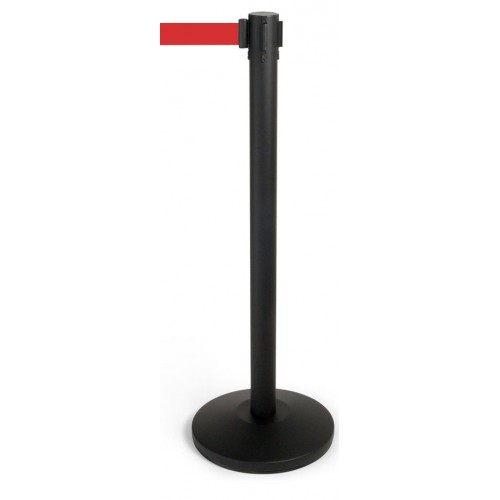 Black queuing barrier post with red belt